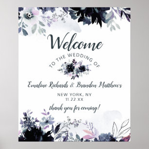 Nächtliches florales Navy-Blaues Hochzeits-Willkom Poster