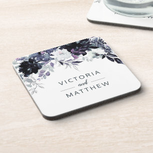 Nächtliches florales navyblaues Hochzeitsmonogramm Getränkeuntersetzer
