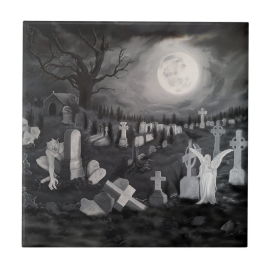 Nachts am Friedhof - Engel mit dem Teufel Fliese (Vorderseite)