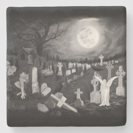 Nachts am Friedhof - Engel mit dem Teufel Steinuntersetzer (Vorderseite)
