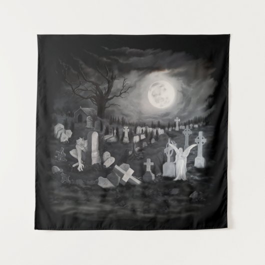 Nachts am Friedhof - Engel mit dem Teufel Wandteppich (Vorderseite)