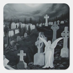 Nachts auf dem Friedhof - Engel Quadratischer Aufkleber