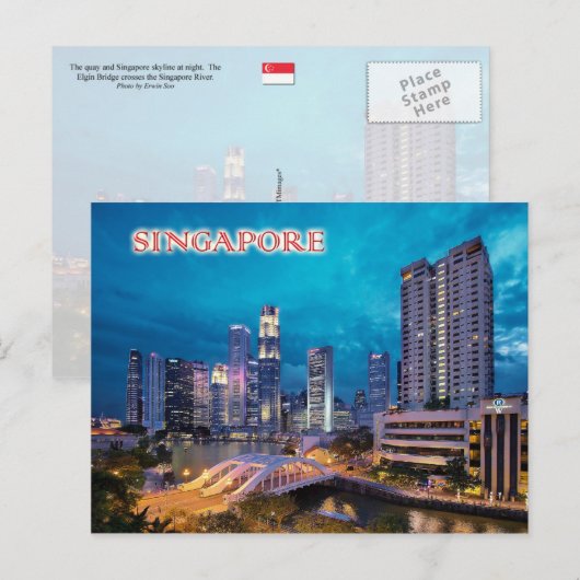 Nachts Kai und Singapur-Skyline Postkarte (Vorne/Hinten)