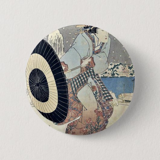 Nachtschneeszene an der Brücke durch Utagawa, Button (Vorderseite)