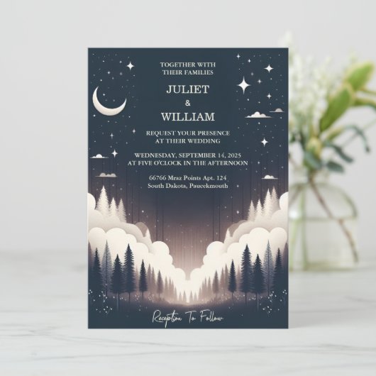 Nachtsonnenstars Moon Cloud Twilight Hochzeit Einladung (Stehend Vorderseite)