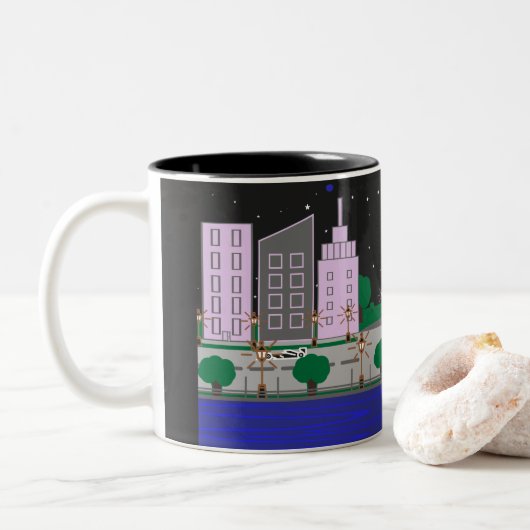 Nachtstadt Zweifarbige Tasse (Mit Donut)