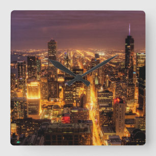 NachtStadtbild von Chicago Quadratische Wanduhr