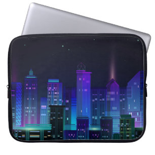 Nachtstadtpanorama mit Neonglühen auf dunklem Hin Laptopschutzhülle