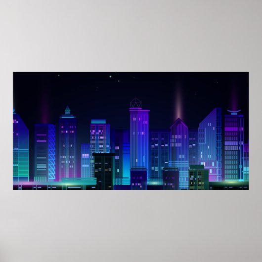 Nachtstadtpanorama mit Neonglühen auf dunklem Hint Poster (Vorne)