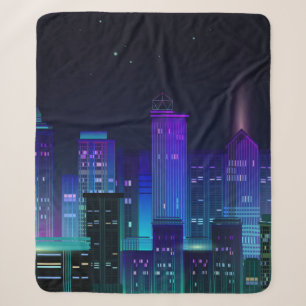 Nachtstadtpanorama mit Neonglühen auf dunklem Hint Sherpadecke