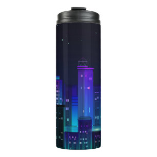 Nachtstadtpanorama mit Neonglühen auf dunklem Hint Thermosbecher
