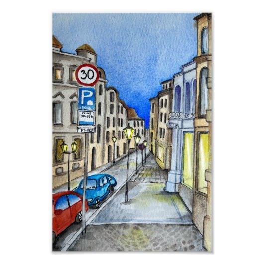 Nachtstraße von Prag, Aquarellbahn Fotodruck (Vorne)