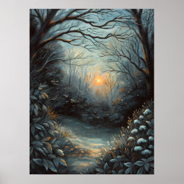 Nachtwald-Sonnenuntergangs-Fluss-Kunst Poster