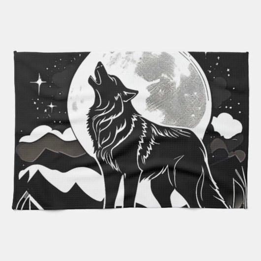 Nachtwolf-Silhouette Geschirrtuch (Horizontal)