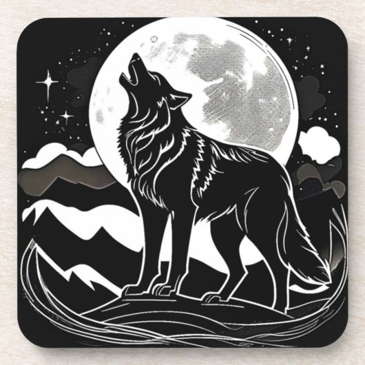 Nachtwolf-Silhouette Getränkeuntersetzer (Vorderseite)