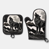 Nachtwolf-Silhouette Ofenhandschuh & Topflappen-Set (Vorderseite)