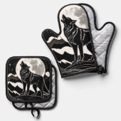 Nachtwolf-Silhouette Ofenhandschuh & Topflappen-Set (Vorderseite/Rückseite)