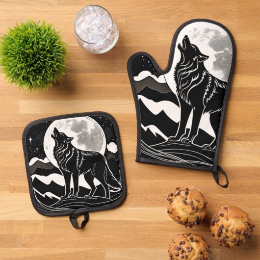 Nachtwolf-Silhouette Ofenhandschuh & Topflappen-Set (Oben Unten)