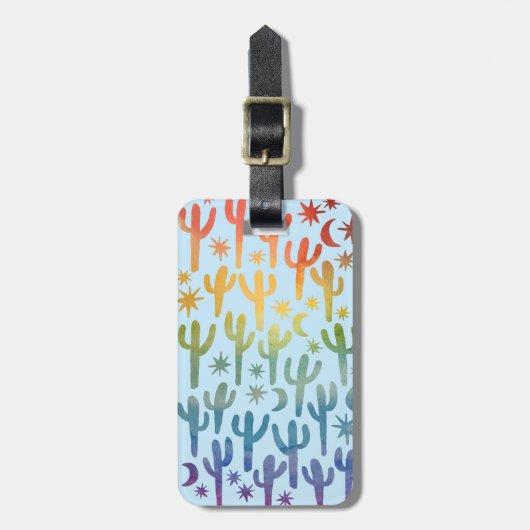 Nachtwüste Cacti Rainbow BLue Pattern Wasserfarbe Gepäckanhänger (Vorderseite vertikal)