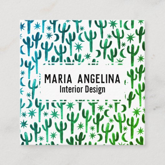 Nachtwüste Kaktus Moon Stars Wasserfarbe Grün Quadratische Visitenkarte (Vorderseite)