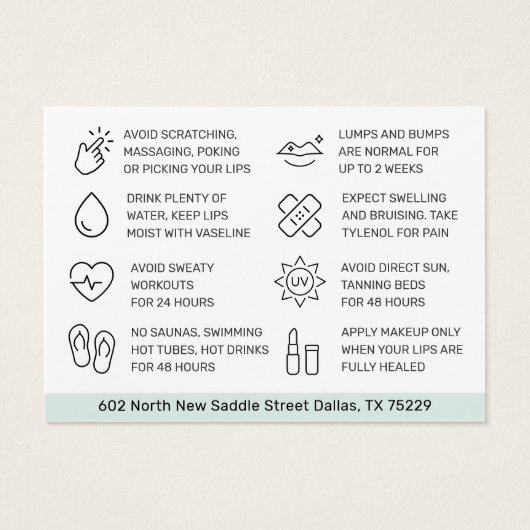 Nadeln Lippen Filler Esthetician Aftercare Card (Rückseite)