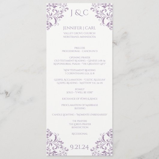 Nadine Hochzeitsprogramm - Tea-length -Lavendel Programm (Vorderseite)