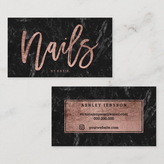 Nägel elegante Rose Gold Typografie schwarzen Marm Visitenkarte (Vorne/Hinten)