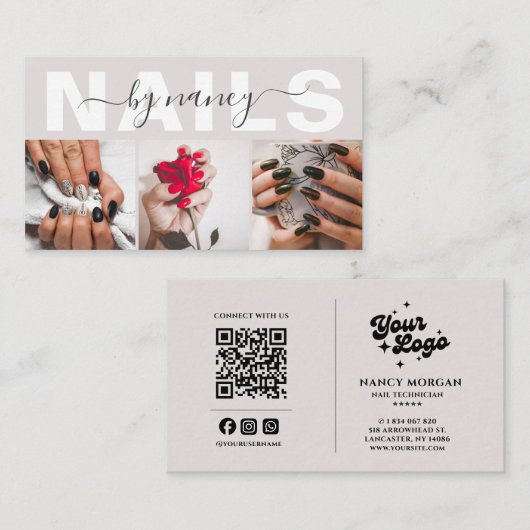 Nagel-Tech neutrales Beige 3-Foto-Raster-QR-Code Visitenkarte (Vorne/Hinten)
