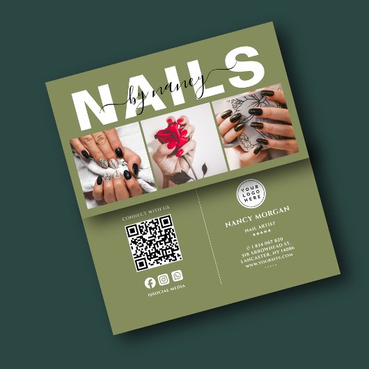 Nageldesignerin Olivgrün 3-Foto-Raster-QR-Code Visitenkarte