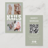 Nageldesignerin Salbeigrün Fotocollage QR-Code Visitenkarte (Vorne/Hinten)
