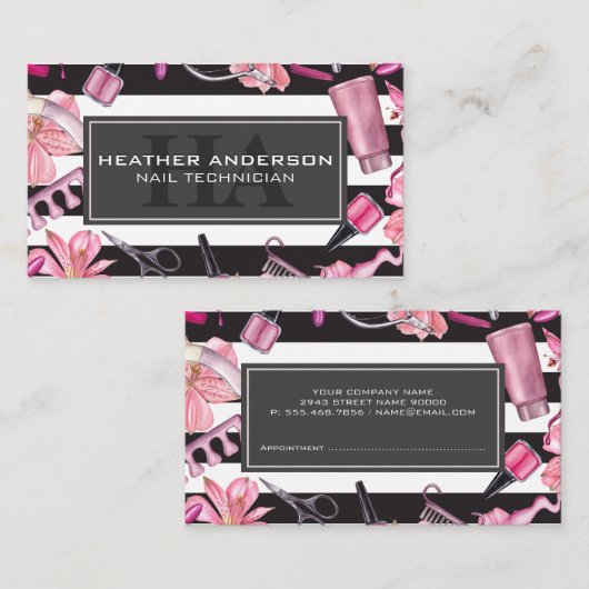 Nagelhandwerkzeuge | Monogramm und Streifen Terminkarte (Vorne/Hinten)