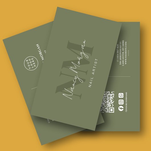 Nagelkünstler Dunkel-Salbei-Grün-Monogramm-QR-Code Visitenkarte