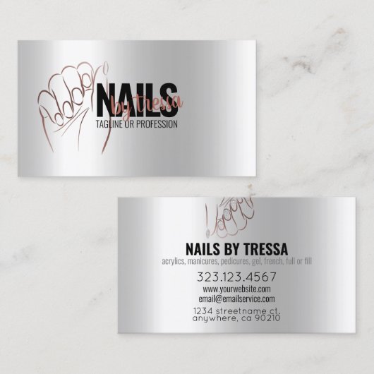 Nagelsalon Platinum Glitzer + Metallische Rose Gol Visitenkarte (Vorne/Hinten)