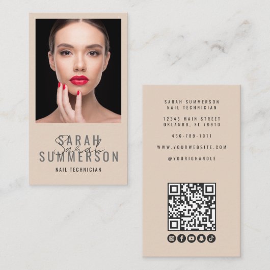 Nagelsalon QR-Code Foto Script Beige Visitenkarte (Vorne/Hinten)
