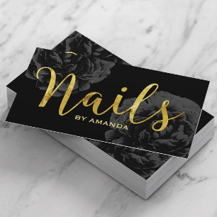 Nagelstudio Gold Schrift Elegant Schwarze Blumen Visitenkarte