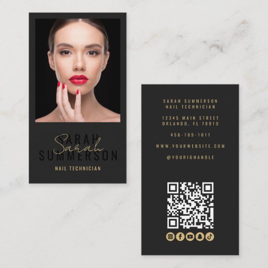 Nagelstudio-QR-Code-Foto-Script Beige Visitenkarte (Vorne/Hinten)