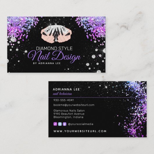 Nageltechniker Diamond Glitzer Lila Nail Salon Visitenkarte (Vorne/Hinten)