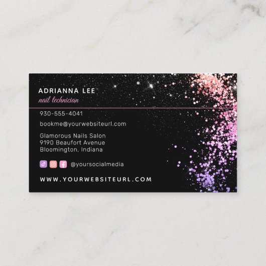 Nageltechniker Diamond Glitzer Pink & Black Salon Visitenkarte (Rückseite)