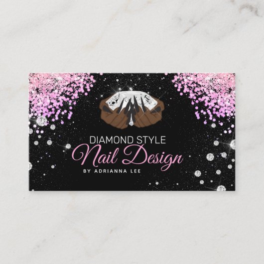Nageltechniker Diamond Glitzer Pink & Black Salon Visitenkarte (Vorderseite)