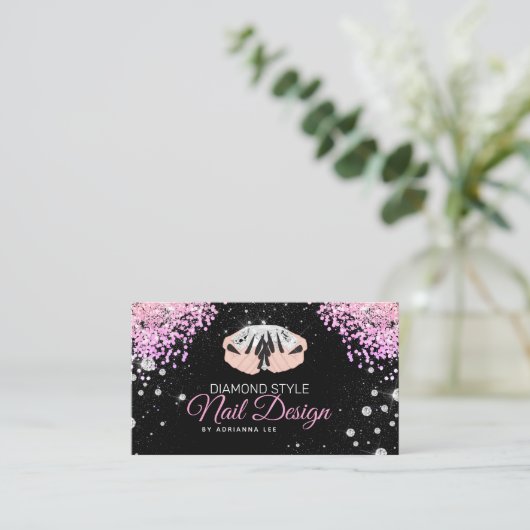 Nageltechniker Diamond Glitzer Pink & Black Salon Visitenkarte (Stehend Vorderseite)