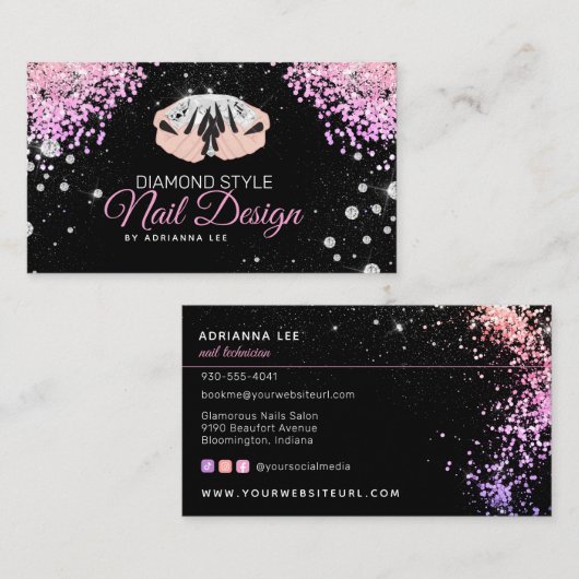 Nageltechniker Diamond Glitzer Pink & Black Salon Visitenkarte (Vorne/Hinten)