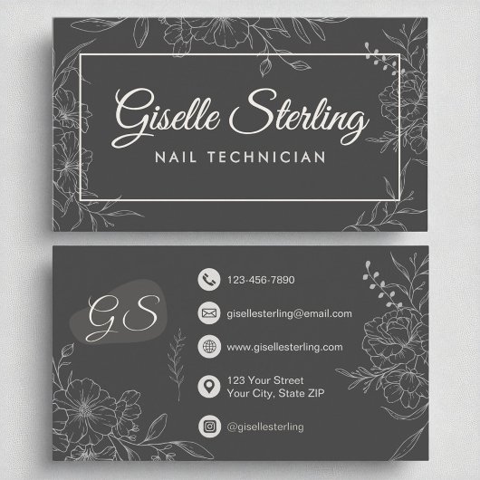 Nageltechniker Moody Charcoal Gray Floral Moderne Visitenkarte
