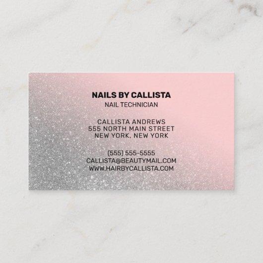 Nageltechniker Pink Silver Glitzer Typografie Visitenkarte (Rückseite)