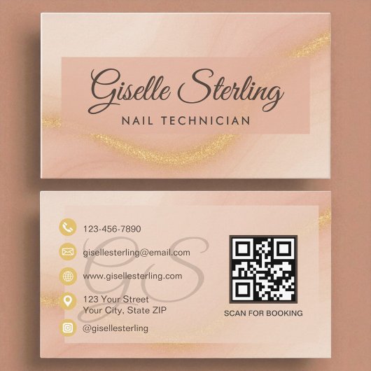 Nageltechniker Watercolor Gold Monogram QR Code Visitenkarte