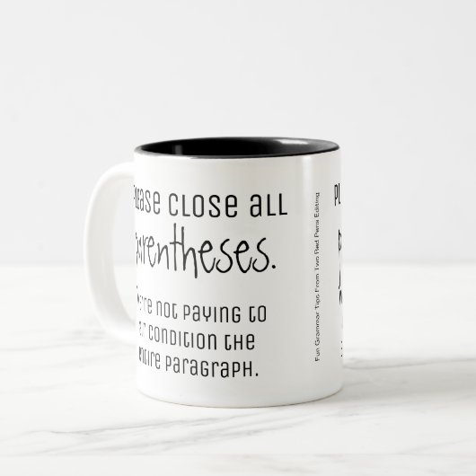 Nah alle Klammern - Spaß-Grammatik-Spitzen Zweifarbige Tasse (Vorderseite Links)