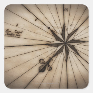 Nah oben von der Wind-Rose auf antiker Karte Quadratischer Aufkleber