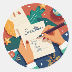 nah-up-of-hand-write-a-postcard mit runder aufkleber