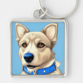 Nah-Up-Portrait eines Hundes mit blauem Collar Schlüsselanhänger