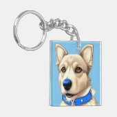 Nah-Up-Portrait eines Hundes mit blauem Collar Schlüsselanhänger (Vorderseite links)