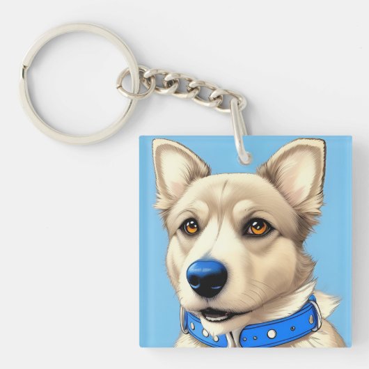 Nah-Up-Portrait eines Hundes mit blauem Collar Schlüsselanhänger (Vorderseite)